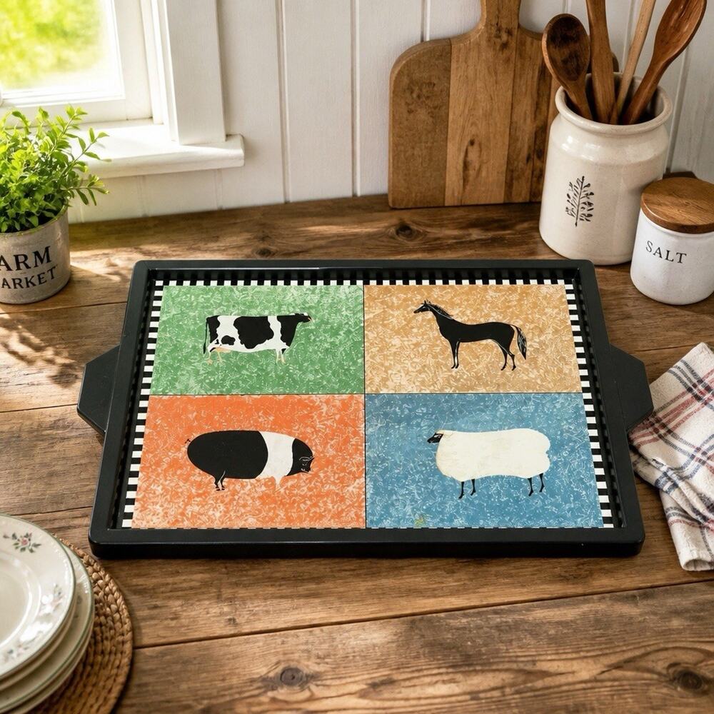 Sakura Warren Kimble Barnyard Animals Wooden Serving Tray Farmhouse